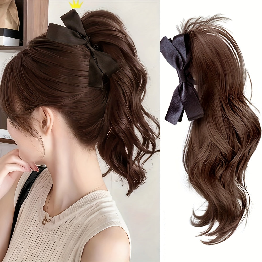 14-Inch Wavy Claw Ponytail with Large Bow, Synthetic Material, Easy to Use, Suitable for Women, Natural Appearance, Daily and Party Wear.