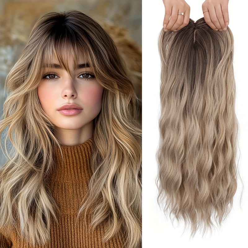 22” Long Curly Wavy Topper Wig with Bangs - Brown to Blonde Ombre Hairpiece Suitable for Women with Thinning Hair or Bald, Natural-Looking Voluminous Waves, Secure Fit Wig for Everyday Use & Hair Loss Solutions, Instant Volume & Scalp Coverage