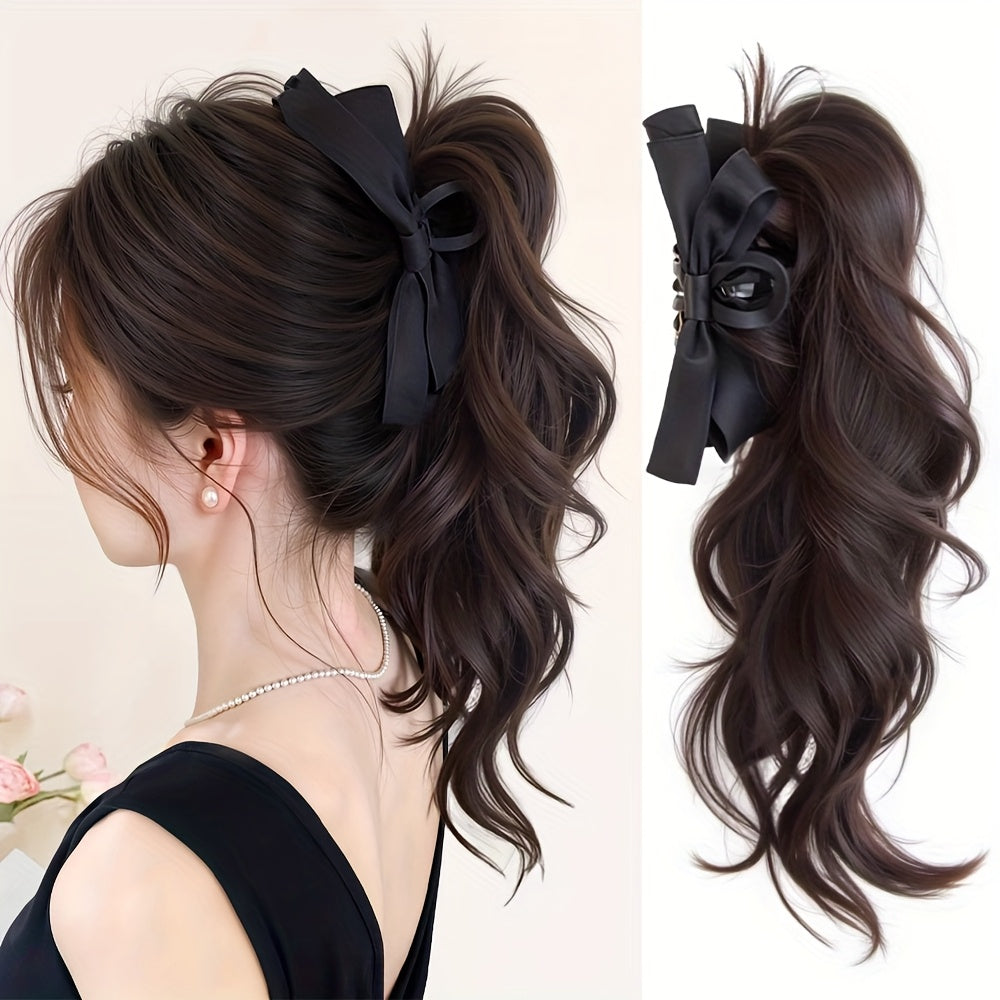 14-Inch Wavy Claw Ponytail with Large Bow, Synthetic Material, Easy to Use, Suitable for Women, Natural Appearance, Daily and Party Wear.