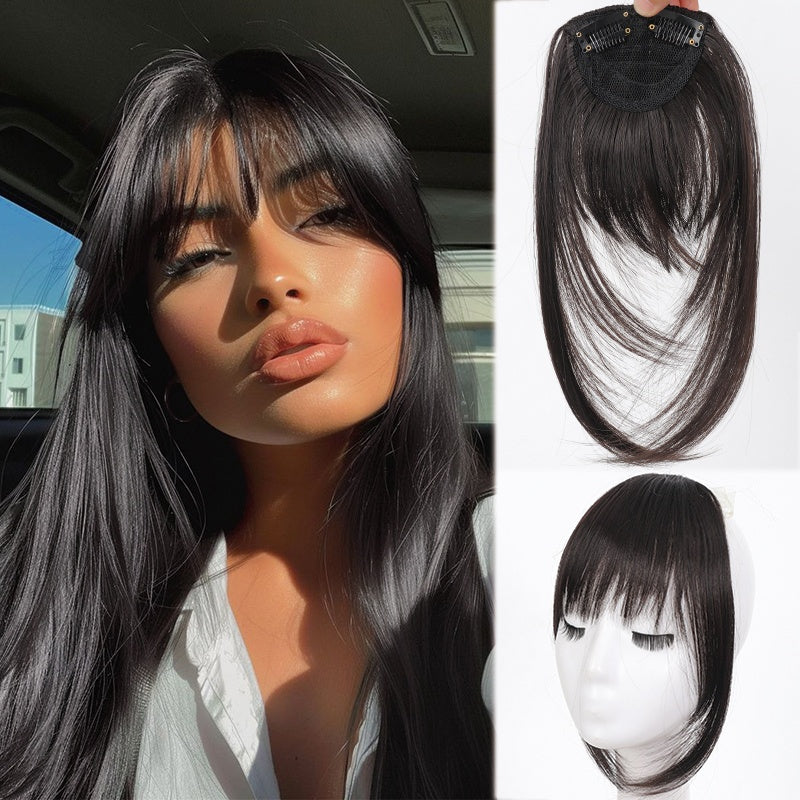 CIVRIE 12 Inch Long Synthetic Manga Air Bangs with Clip - Straight Brown Hairpiece for Women, Easy Clip-In Temporary Hairstyle for All Light Beige Tones, Kawaii Hair Clips, Quick Hair Transformation, Secure Attachment, Daily Wear Accessory