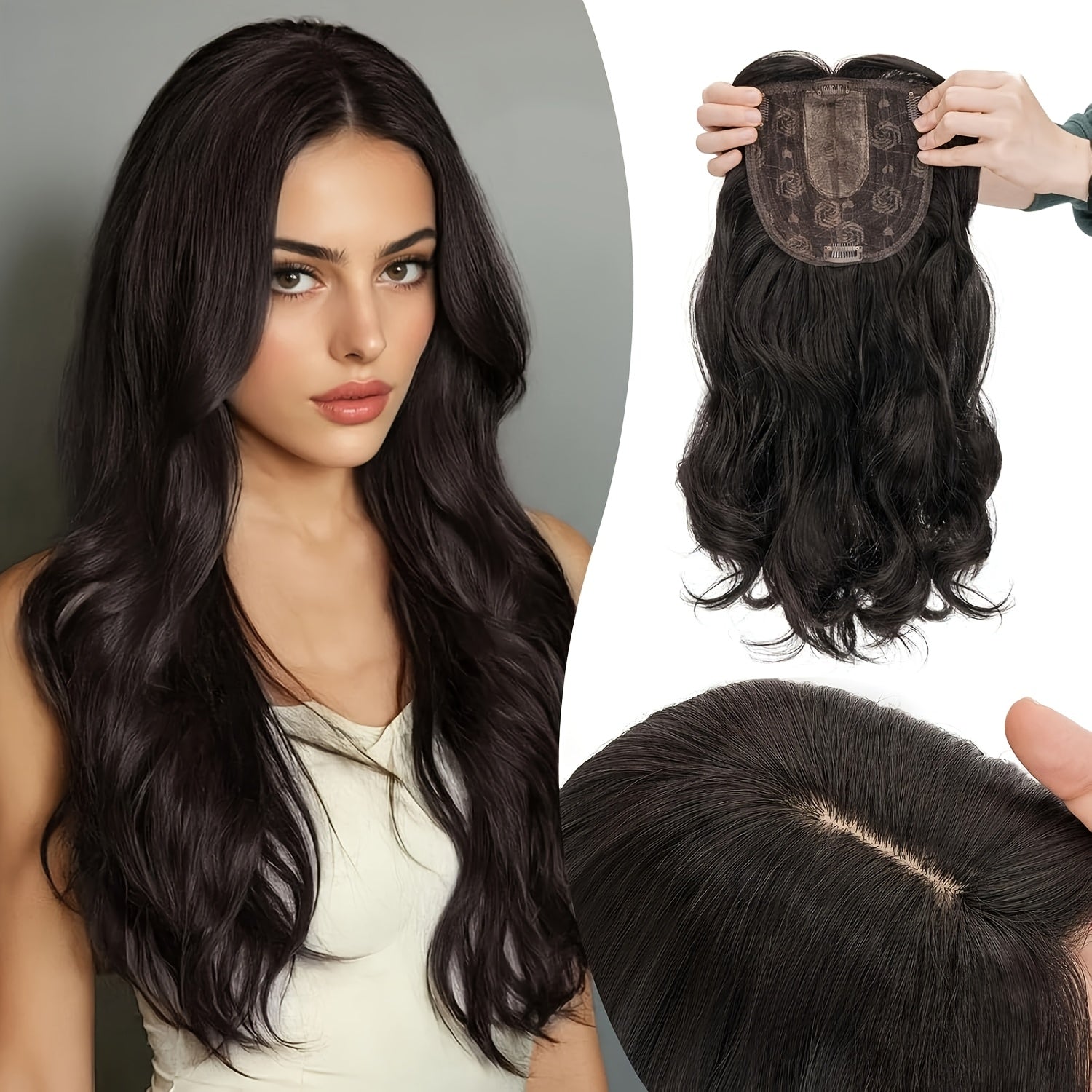 18-Inch Hair Toppers Designed for Women Featuring Fringe Bangs, Long Wavy Curls, And Clips for Easy Attachment, Perfect for Adding Volume to Thin Hair with Synthetic Highlights