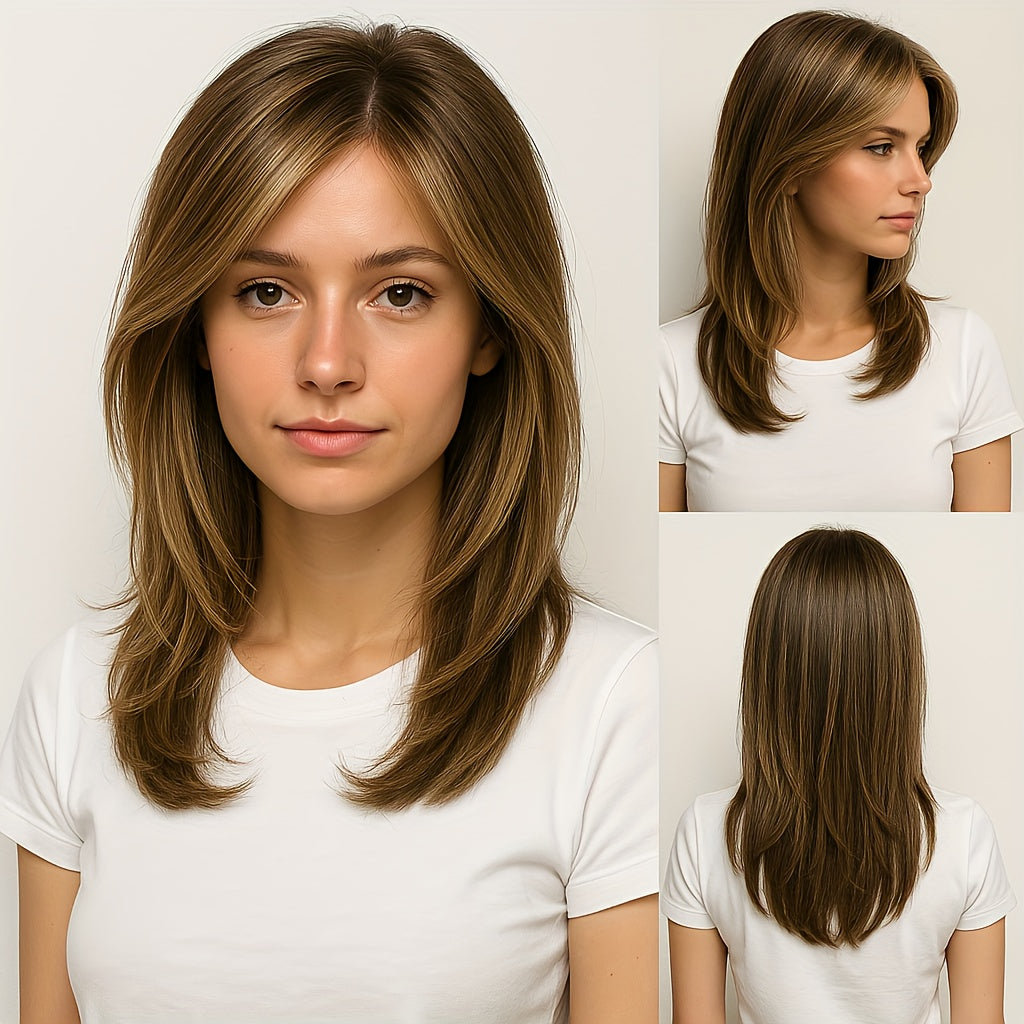 22 Inch Brown Layered Straight Wig with Middle Part Natural Look Synthetic Hair Wig for Women, Soft & Lightweight, Daily Or Party Use