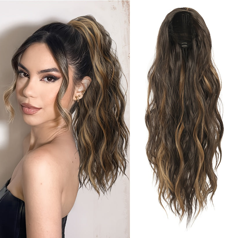 16-Inch Women'S Dark Brown Long Curly Drawstring Ponytail - Synthetic Hair Piece, Easy To Use, Adds Volume, Suitable For Daily Wear, Gatherings & Parties