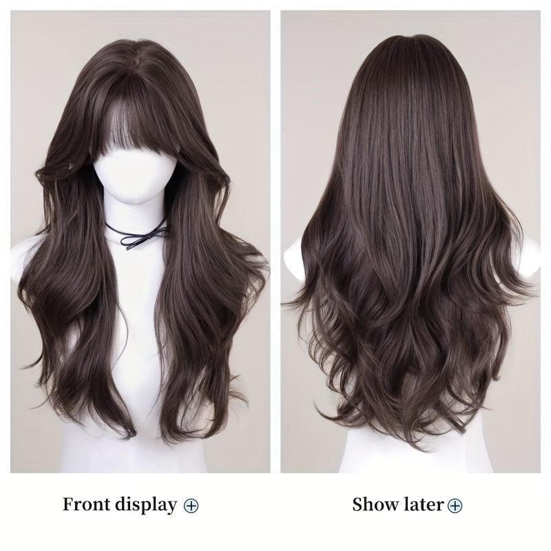 1pc Elegant Curly Wavy Wig for Women, 30 Inch Long Synthetic Hair with Hair, High Density 150% Rose Mesh Cap, Heat Resistant Fiber, Dark Brown, Suitable for Everyday and Party Wear