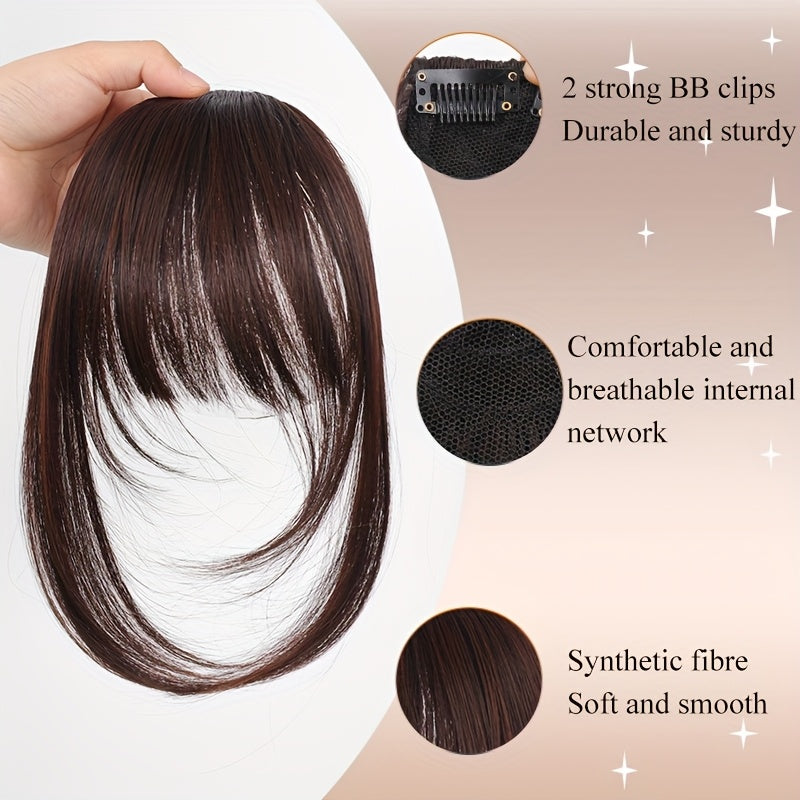 CIVRIE 12 Inch Long Synthetic Manga Air Bangs with Clip - Straight Brown Hairpiece for Women, Easy Clip-In Temporary Hairstyle for All Light Beige Tones, Kawaii Hair Clips, Quick Hair Transformation, Secure Attachment, Daily Wear Accessory
