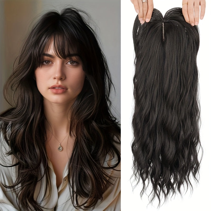 22” Long Curly Wavy Topper Wig with Bangs - Brown to Blonde Ombre Hairpiece Suitable for Women with Thinning Hair or Bald, Natural-Looking Voluminous Waves, Secure Fit Wig for Everyday Use & Hair Loss Solutions, Instant Volume & Scalp Coverage