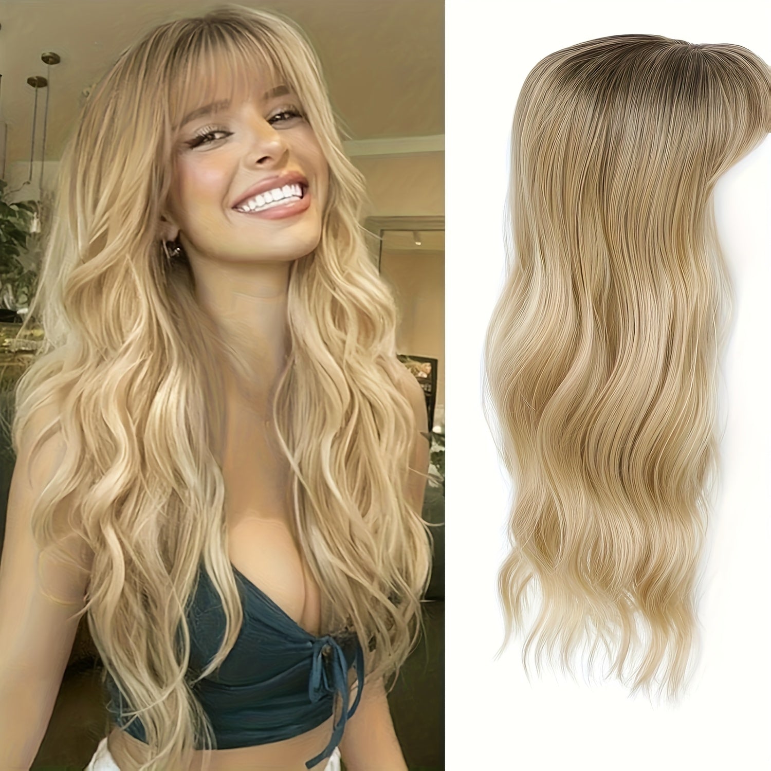 22” Long Curly Wavy Topper Wig with Bangs - Brown to Blonde Ombre Hairpiece Suitable for Women with Thinning Hair or Bald, Natural-Looking Voluminous Waves, Secure Fit Wig for Everyday Use & Hair Loss Solutions, Instant Volume & Scalp Coverage