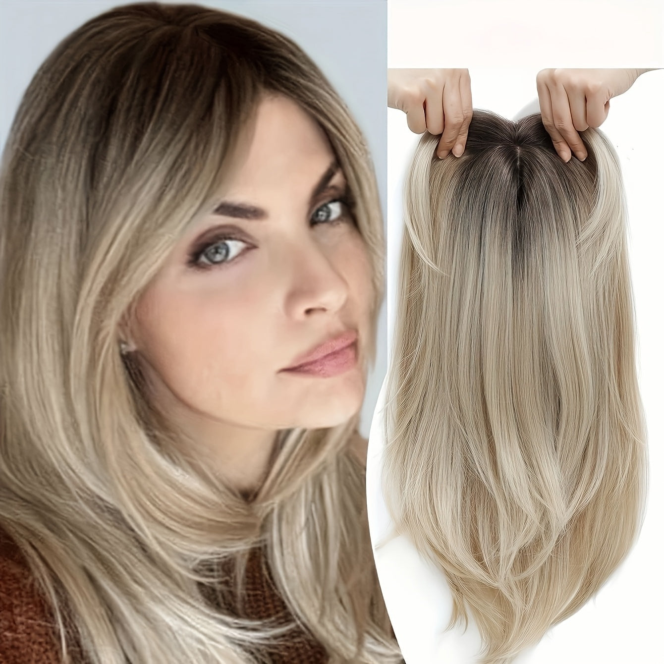 18-Inch Hair Toppers Designed for Women Experiencing Hair Thinning, Featuring a Large 6.5X6.5 Inch Coverage. These Synthetic Hair Toppers Come in Ombre Blonde And Are Perfect for Adding Volume to Thin Hair