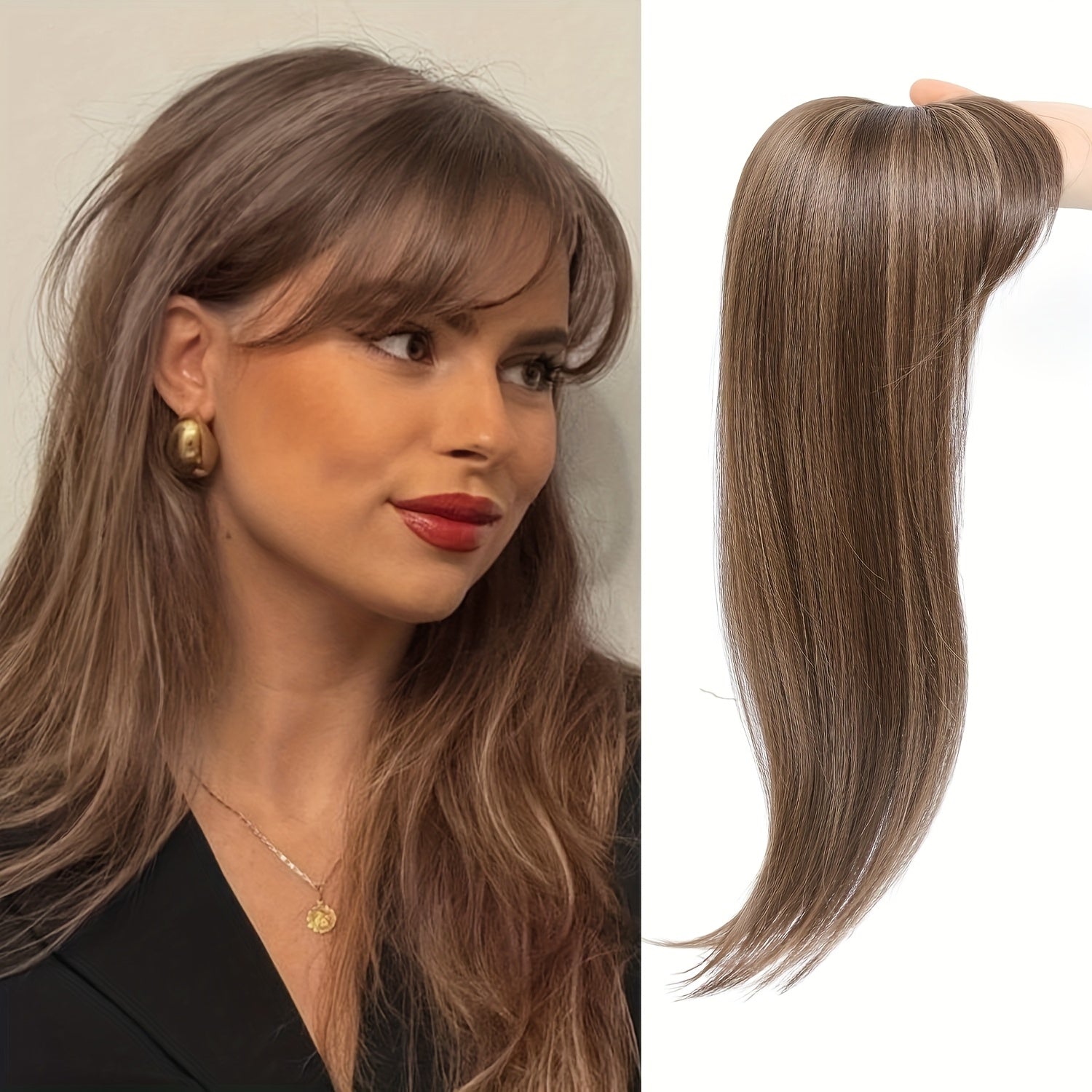 Women'S Hair Toppers for Thinning Hair, 18-Inch Clip-In Pieces with Middle Part Bangs, Straight Synthetic Wig Toppers