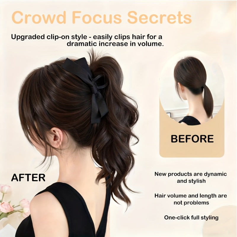 14-Inch Wavy Claw Ponytail with Large Bow, Synthetic Material, Easy to Use, Suitable for Women, Natural Appearance, Daily and Party Wear.