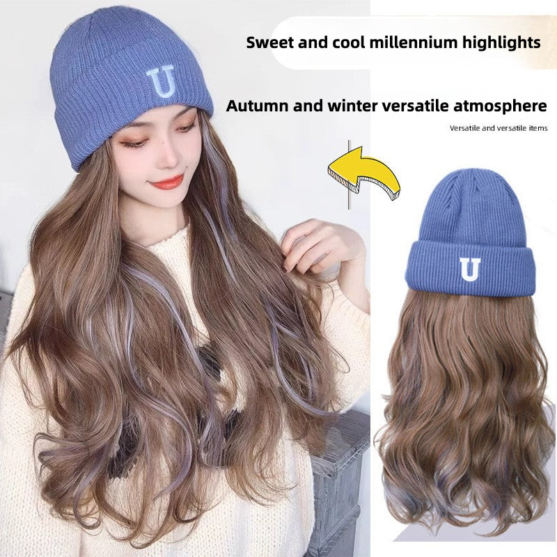 Women's Knit Hat & Wig in One with Highlighted Medium-Long Curly\u002FBody Wave Hair - Natural Realistic Full Wig System, Warm Comfortable for Daily Wear, Parties, Christmas - Volume & Length Enhancer (Easy Care, No Separate Hairstyles)