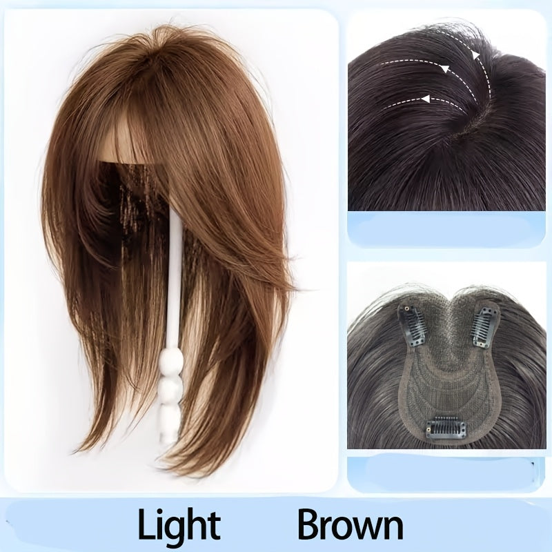 A 14-Inch Straight Hair Topper in Four Colors Designed to Hide Gray Hair, Featuring a Thin Hairpiece with a Straight Texture for Coverage