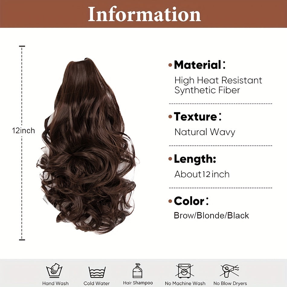 Claw Clip Wavy PonyTail Extension for Women 12 Inch Curly Wave Hair Elegant Flower Design Body Wave Pony Tail Soft Hair