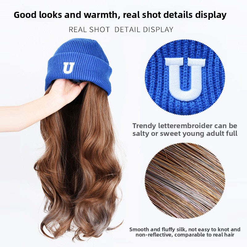 Women's Knit Hat & Wig in One with Highlighted Medium-Long Curly\u002FBody Wave Hair - Natural Realistic Full Wig System, Warm Comfortable for Daily Wear, Parties, Christmas - Volume & Length Enhancer (Easy Care, No Separate Hairstyles)