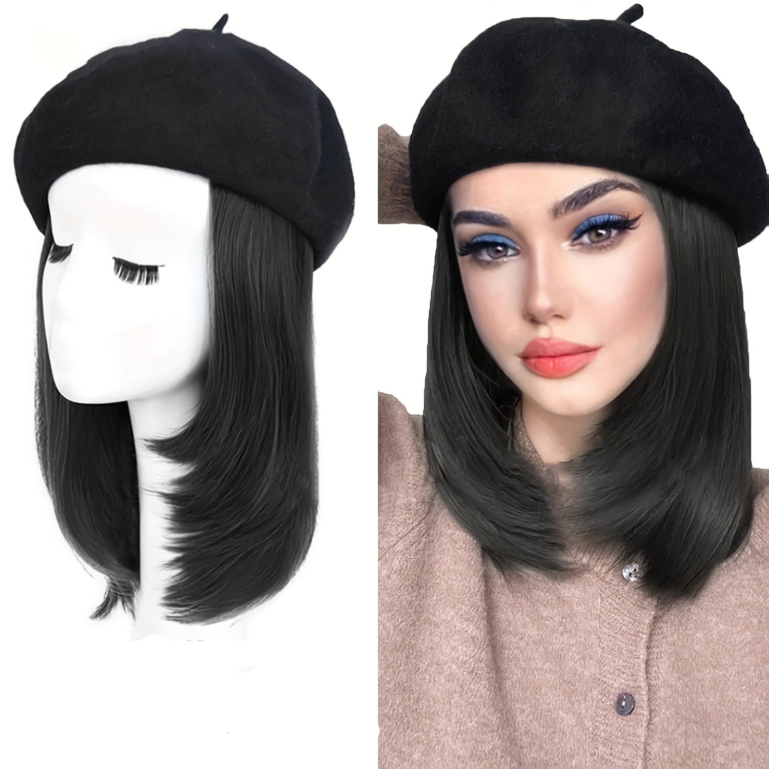 Women'S French Beret Hat Wig with Hair Extensions - Classic Wool Beanie, Straight Short Bob Synthetic Hairpiece Dark Brown | -Looking Hairline, Comfortable & Durable for Everyday, Themed Events, Parties, Photo Shoots | Easy Maintenance & Versatile S