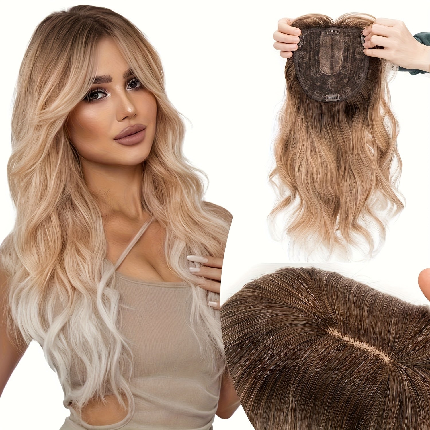 18-Inch Hair Toppers Designed for Women Featuring Fringe Bangs, Long Wavy Curls, And Clips for Easy Attachment, Perfect for Adding Volume to Thin Hair with Synthetic Highlights