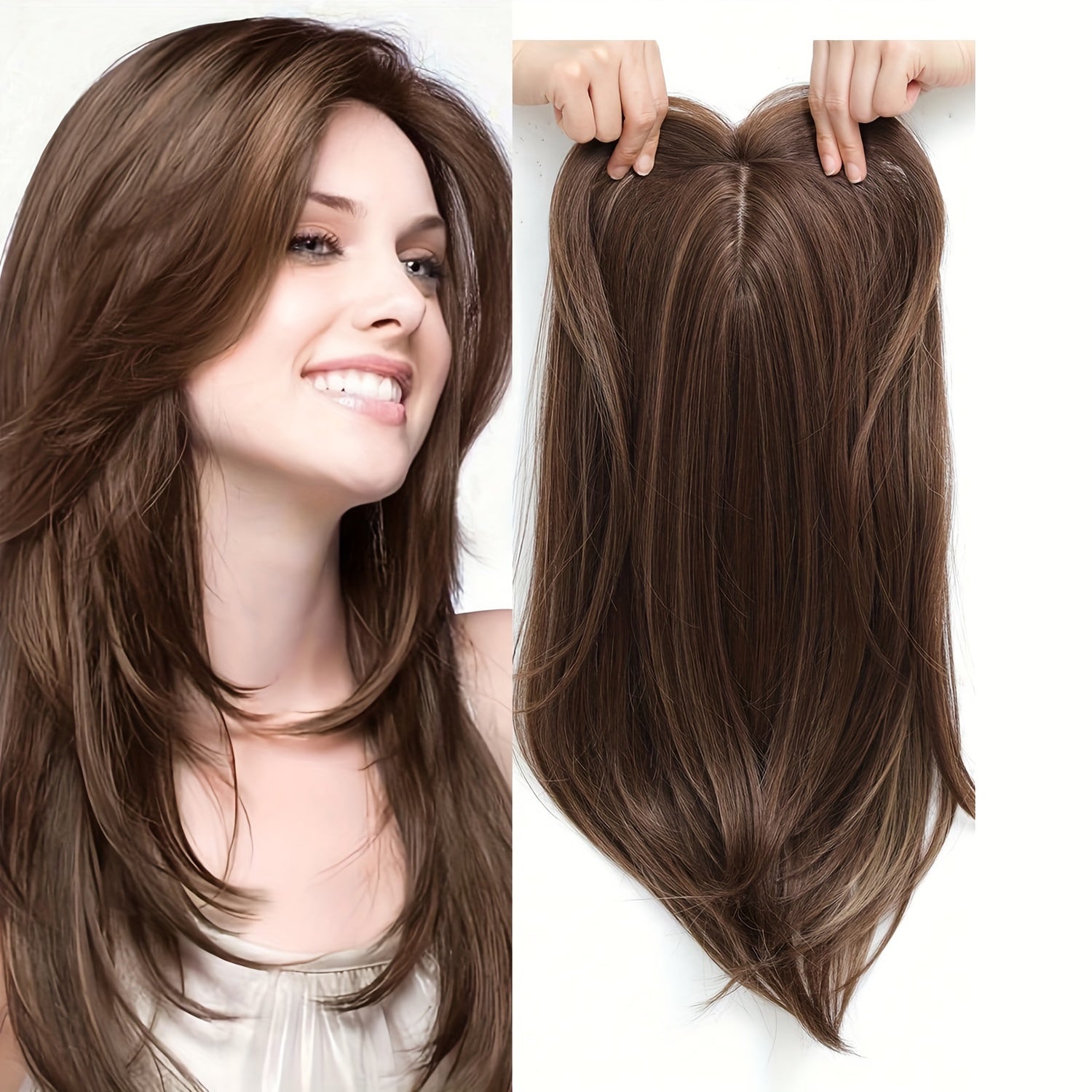 18-Inch Hair Toppers Designed for Women Experiencing Hair Thinning, Featuring a Large 6.5X6.5 Inch Coverage. These Synthetic Hair Toppers Come in Ombre Blonde And Are Perfect for Adding Volume to Thin Hair