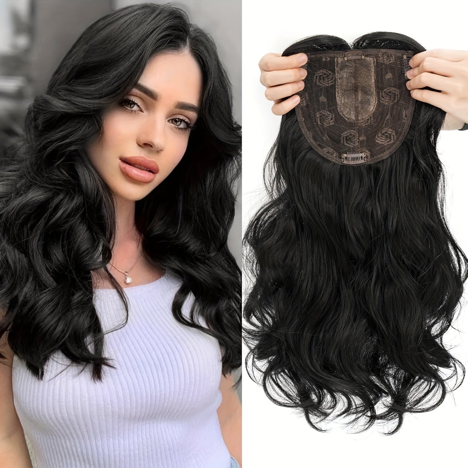 18-Inch Hair Toppers Designed for Women Featuring Fringe Bangs, Long Wavy Curls, And Clips for Easy Attachment, Perfect for Adding Volume to Thin Hair with Synthetic Highlights