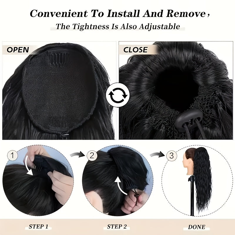 16-Inch Women'S Dark Brown Long Curly Drawstring Ponytail - Synthetic Hair Piece, Easy To Use, Adds Volume, Suitable For Daily Wear, Gatherings & Parties