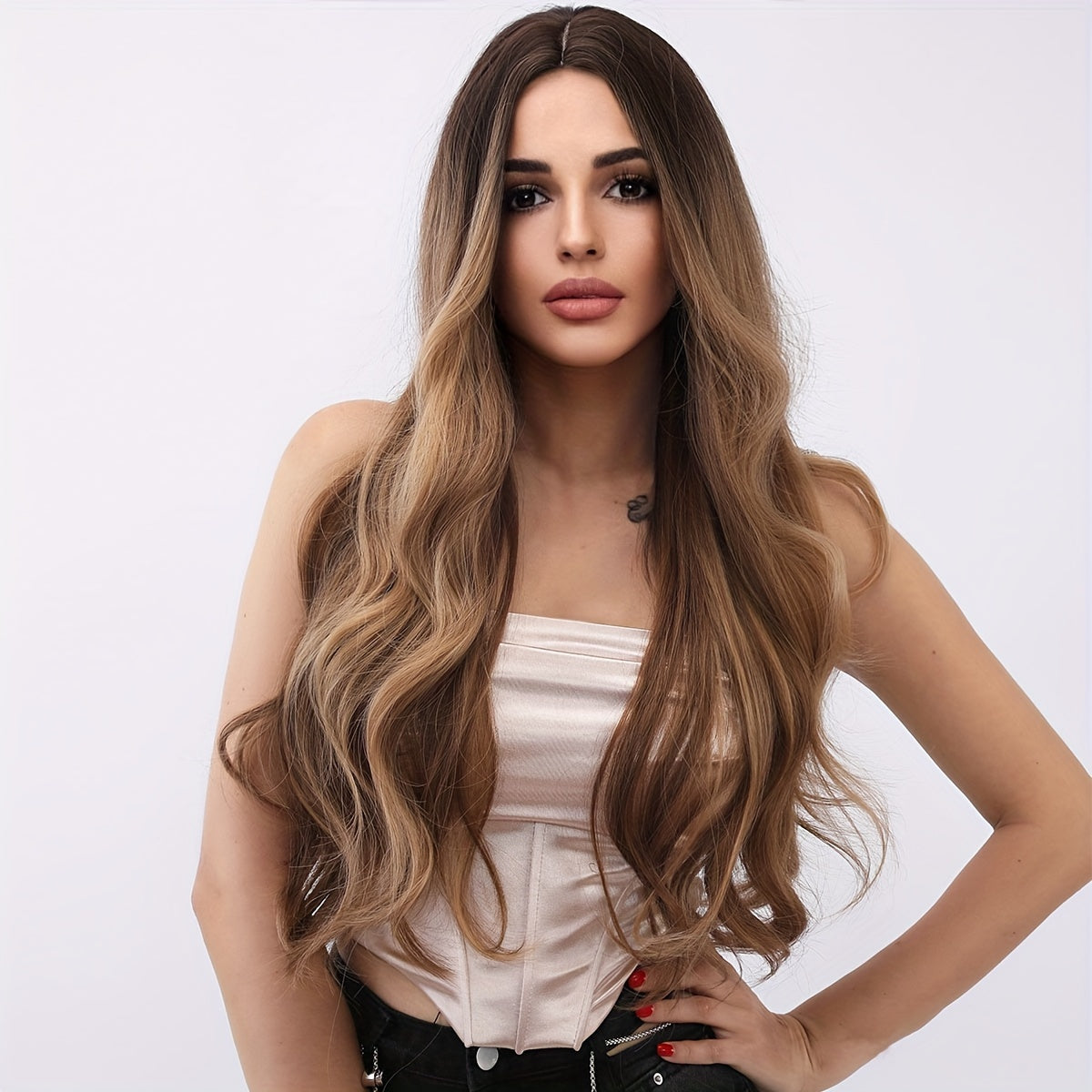 Smilco 30 Inch Women's Synthetic Wig - Long Brown Highlight Gradient Curly Wig, Center Heat-resistant Wig - Ideal Choice for Halloween Parties and Costume Role-playing