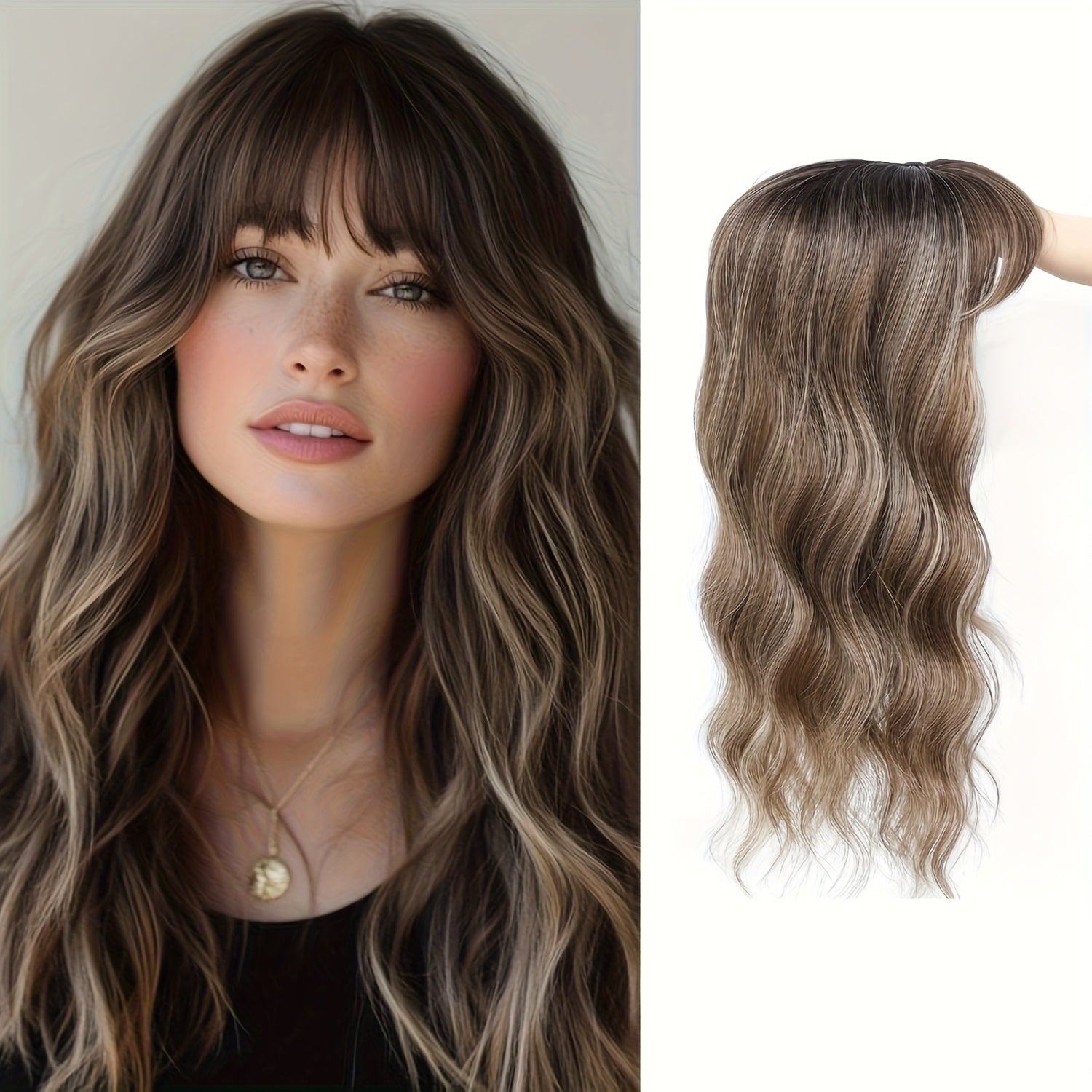 22” Long Curly Wavy Topper Wig with Bangs - Brown to Blonde Ombre Hairpiece Suitable for Women with Thinning Hair or Bald, Natural-Looking Voluminous Waves, Secure Fit Wig for Everyday Use & Hair Loss Solutions, Instant Volume & Scalp Coverage
