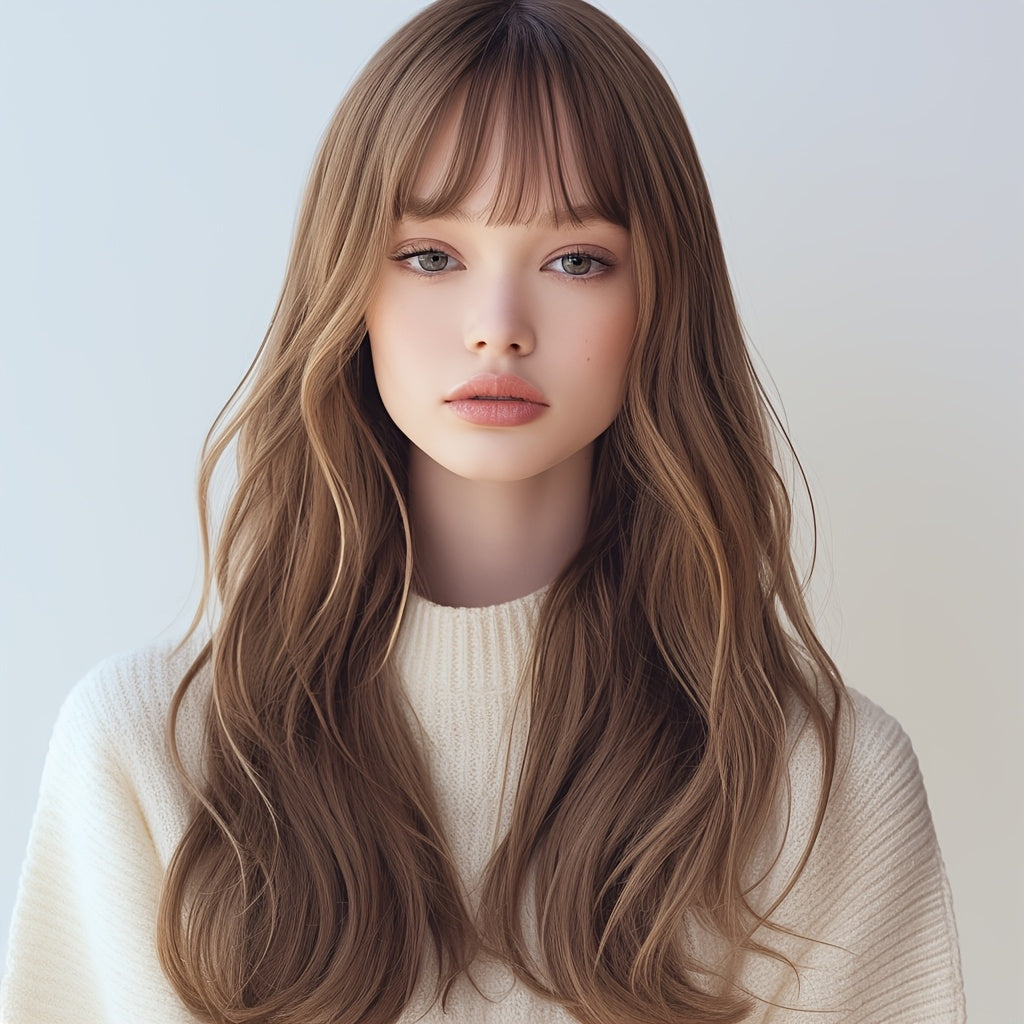 Elegant Brown Curly Wig with Natural Bangs for Women - Heat Resistant, Glueless, Comfort Fit for Daily Wear & Parties, 20 Inches