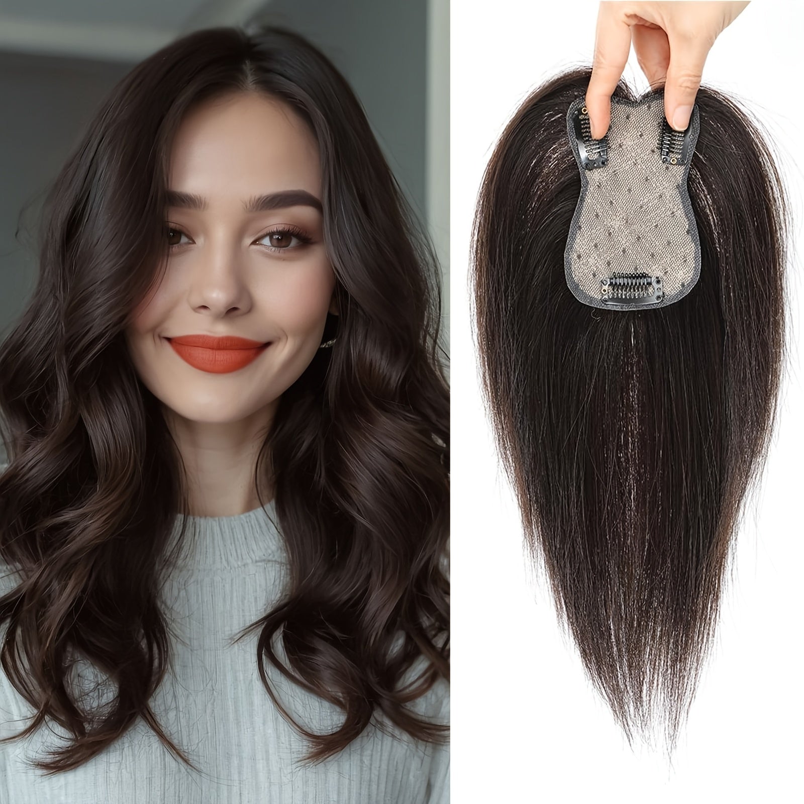 3D Real Human Hair Toppers for Women - 165% Density, Straight Hair Pieces with Bangs, Clip-In Middle Part for Thinning Hair - Natural Look, Versatile Styling, Fuller Head Coverage, Hair Accessories