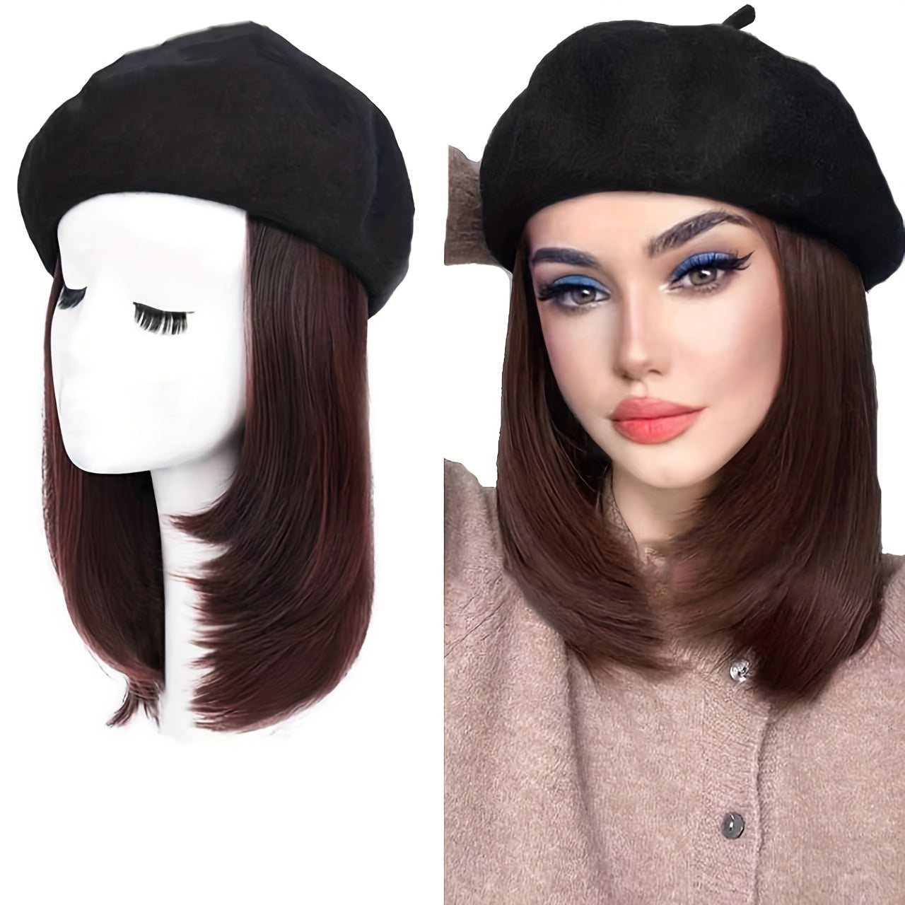 Women'S French Beret Hat Wig with Hair Extensions - Classic Wool Beanie, Straight Short Bob Synthetic Hairpiece Dark Brown | -Looking Hairline, Comfortable & Durable for Everyday, Themed Events, Parties, Photo Shoots | Easy Maintenance & Versatile S