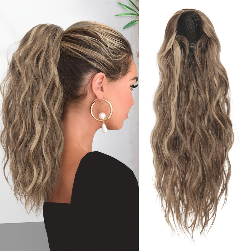 16-Inch Women'S Dark Brown Long Curly Drawstring Ponytail - Synthetic Hair Piece, Easy To Use, Adds Volume, Suitable For Daily Wear, Gatherings & Parties