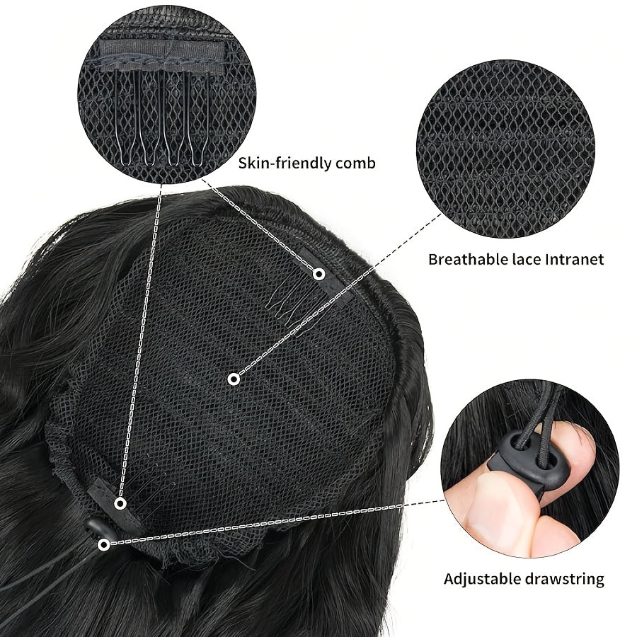 16-Inch Women'S Dark Brown Long Curly Drawstring Ponytail - Synthetic Hair Piece, Easy To Use, Adds Volume, Suitable For Daily Wear, Gatherings & Parties