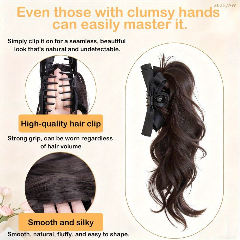14-Inch Wavy Claw Ponytail with Large Bow, Synthetic Material, Easy to Use, Suitable for Women, Natural Appearance, Daily and Party Wear.