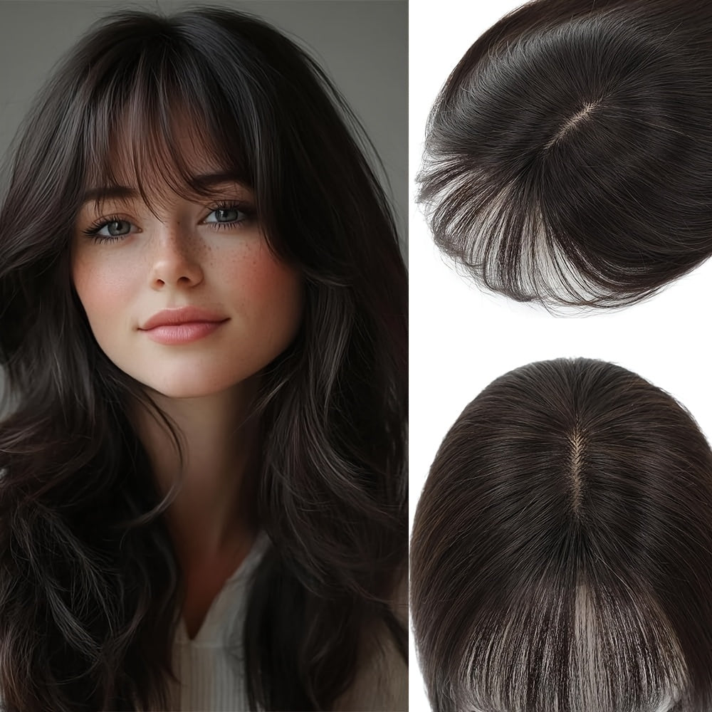 3D Real Human Hair Toppers for Women - 165% Density, Straight Hair Pieces with Bangs, Clip-In Middle Part for Thinning Hair - Natural Look, Versatile Styling, Fuller Head Coverage, Hair Accessories